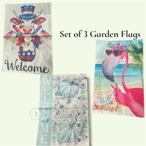 Set of 3 Garden Flags Summer, 4th of July, Fall 12” x 18” Canvas Burlap NEW